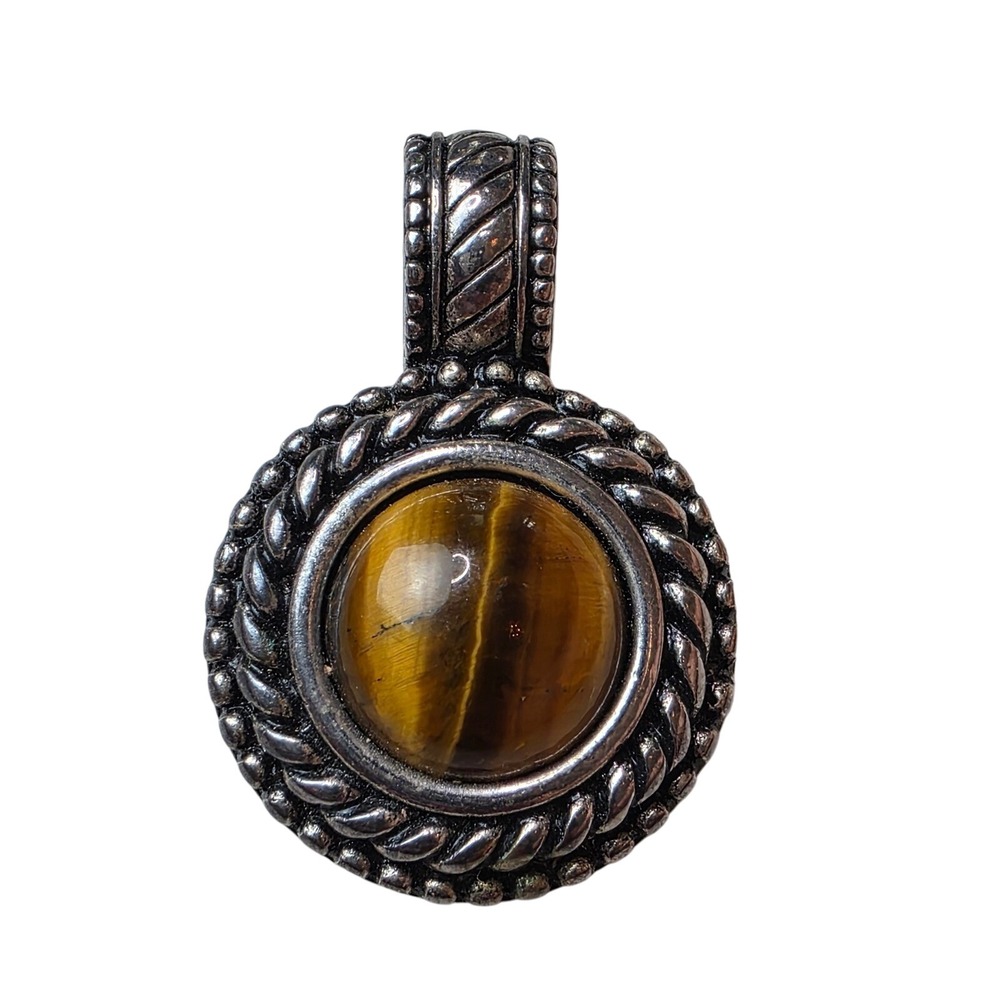 Vintage Tiger's Eye Round Pendant Silver Tone Textured Rope Border Crown Logo